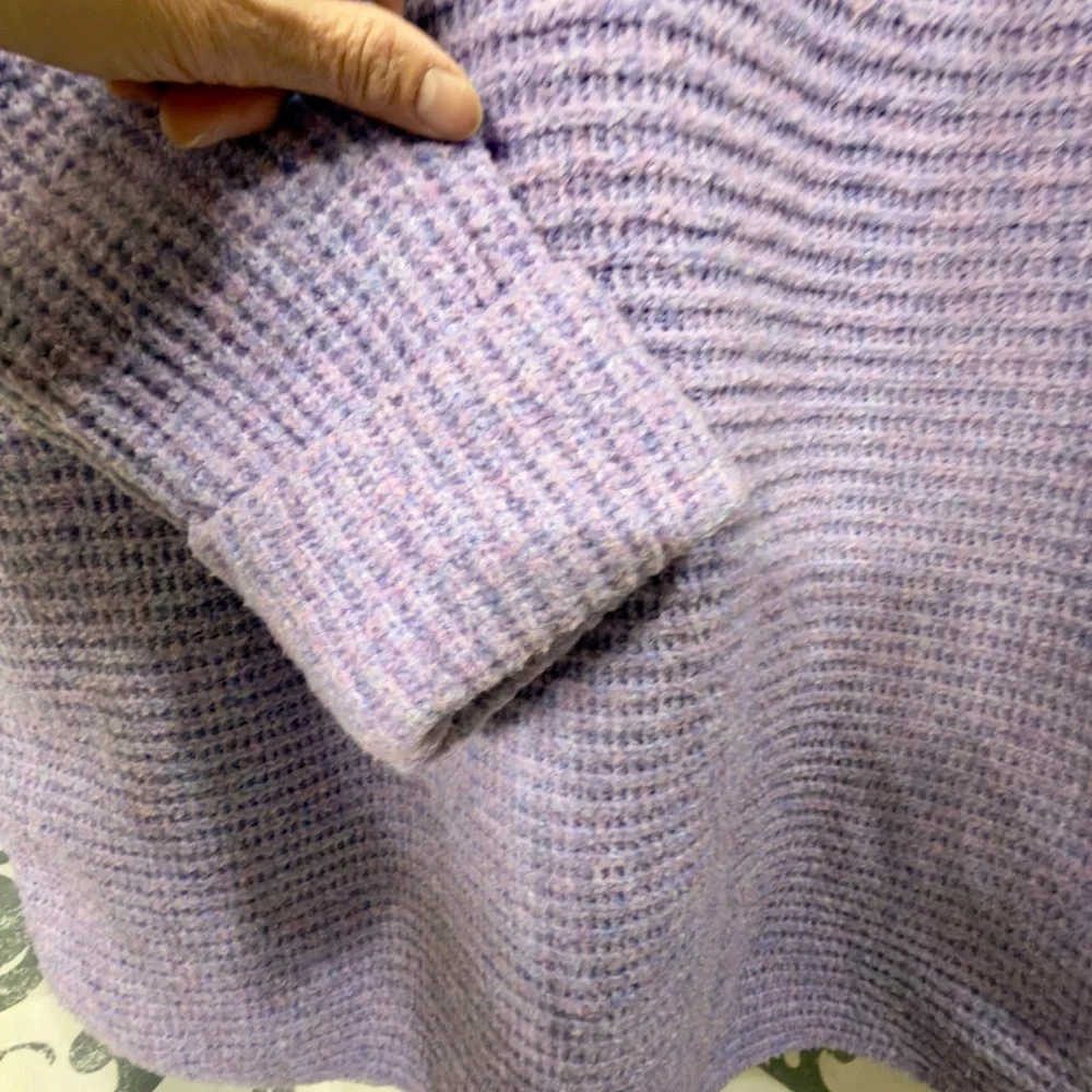 Joan Vass Purple Chunky Knit Cowl Neck Drop‎ Shoulder Sweater Slit Sides Warm M
